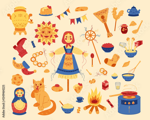 Large set for Shrovetide in color. Hand drawn illustration for you projects.
