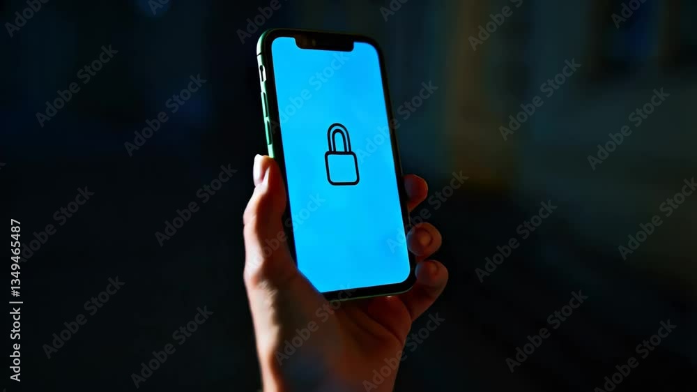 Person holding smartphone with illuminated lock icon on blue screen in low-light setting, symbolizing data privacy and mobile security. Concept of cybersecurity awareness and protection