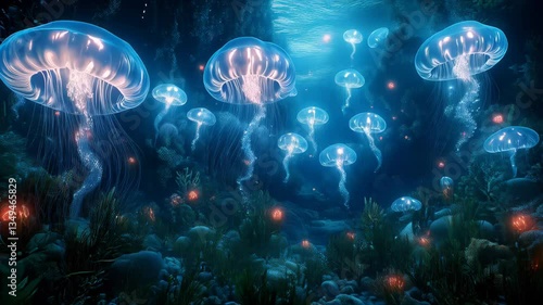 Glowing jellyfish floating gracefully through deep blue underwater scene filled with corals and magical lights. Concept of marine mysticism and bioluminescent beauty
