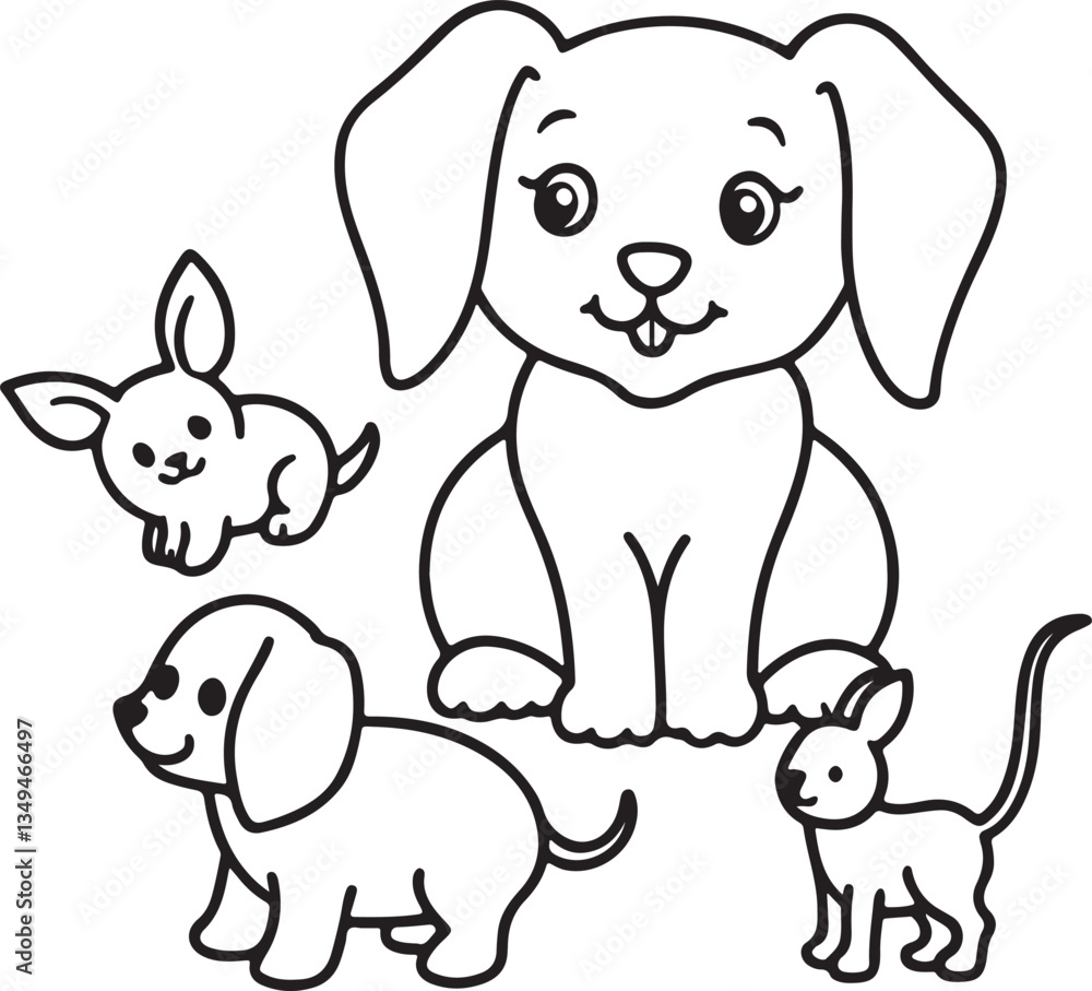 Fototapeta premium A kids' coloring page showcasing a vector silhouette of an elephant alongside two playful cats