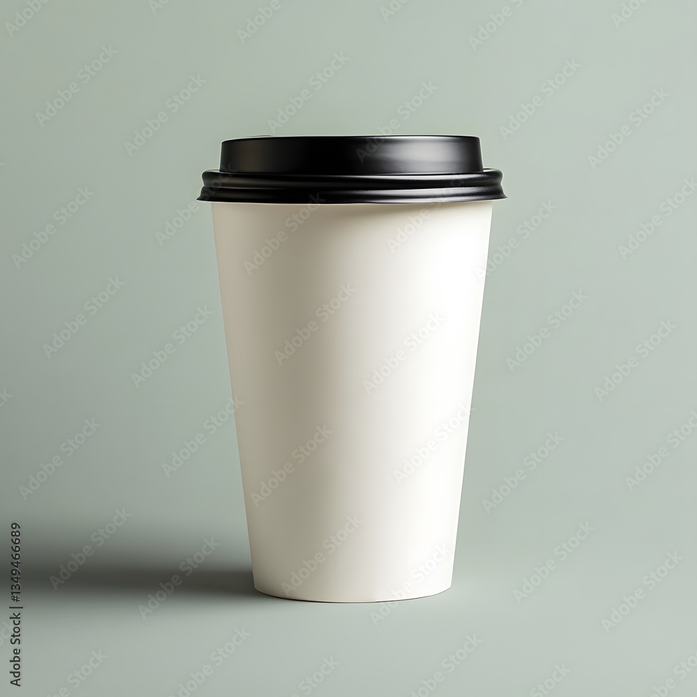 A disposable coffee cup with a black plastic lid sits alone A disposable coffee cup with a black plastic lid sits alone