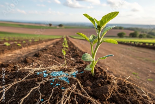 Close up of a small green plant emerging from rich soil in a vast agricultural field during golden hour, showcasing root structure and fertilizer application for growth