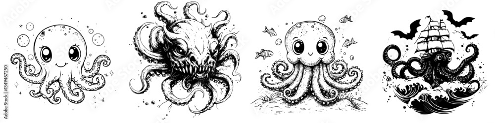 Creative illustrations of various octopus designs showcasing different styles and emotions Creative illustrations of various octopus designs showcasing different styles and emotions