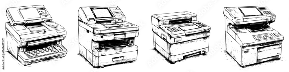 Various office machines showcased together in a black and white illustration highlighting their different designs and functions Various office machines showcased together in a black and white illustration highlighting their different designs and functions
