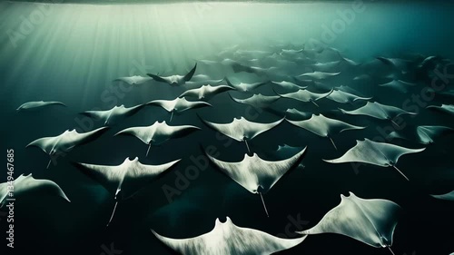 Large group of manta rays swimming gracefully through deep blue ocean with light beams filtering from above. Concept of marine harmony and underwater freedom
