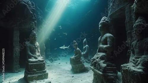 Ancient stone statues in underwater temple illuminated by sunbeams with a shark swimming among scattered ruins and fish. Concept of lost civilizations and sacred ocean mystery