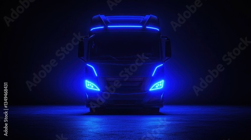 A modern semi truck illuminated with bright blue neon lighting