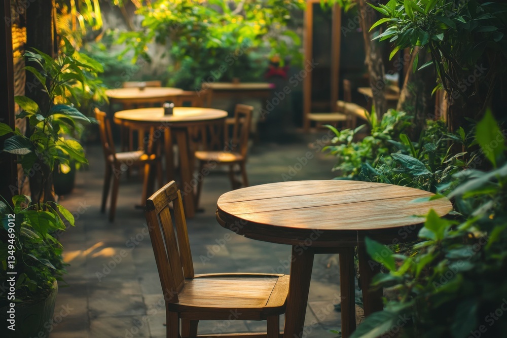 Fototapeta premium Cozy Outdoor Cafe with Wooden Furniture