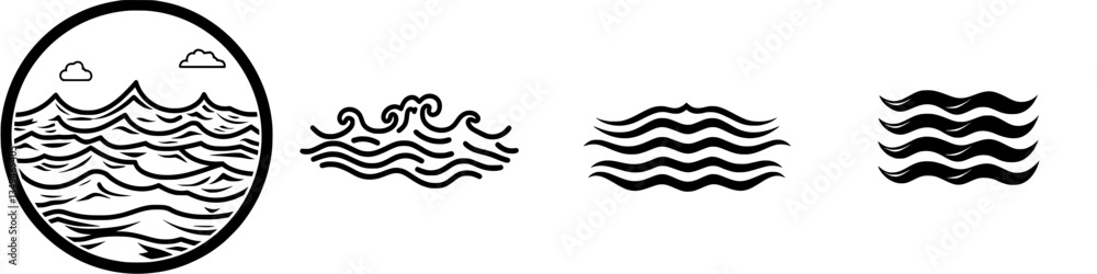 Simplistic black and white ocean waves illustration featuring various wave styles and cloud elements Simplistic black and white ocean waves illustration featuring various wave styles and cloud elements
