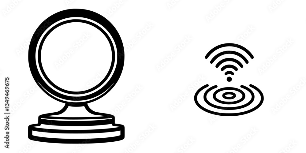 Design featuring a circular frame and emanating waves representing connectivity or communication technology Design featuring a circular frame and emanating waves representing connectivity or communication technology