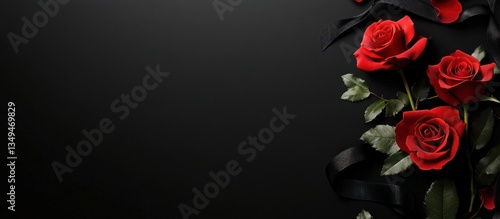 Fototapeta Naklejka Na Ścianę i Meble -  Three red roses with black ribbon on a dark background