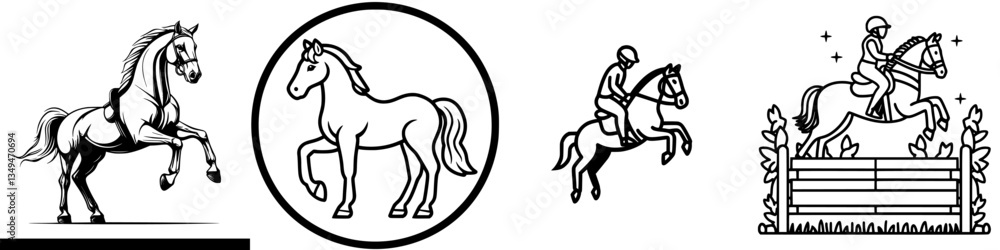 Different styles of horses and riders performing various activities in an artistic illustration representing equestrian sports Different styles of horses and riders performing various activities in an artistic illustration representing equestrian sports