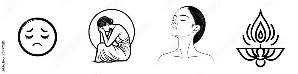 Expressions of emotion illustrated through simple line art capturing feelings of sadness, reflection, and tranquility Expressions of emotion illustrated through simple line art capturing feelings of sadness, reflection, and tranquility