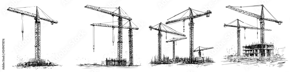 Construction cranes working on a building site during the day, showcasing progress in urban development and architecture Construction cranes working on a building site during the day, showcasing progress in urban development and architecture