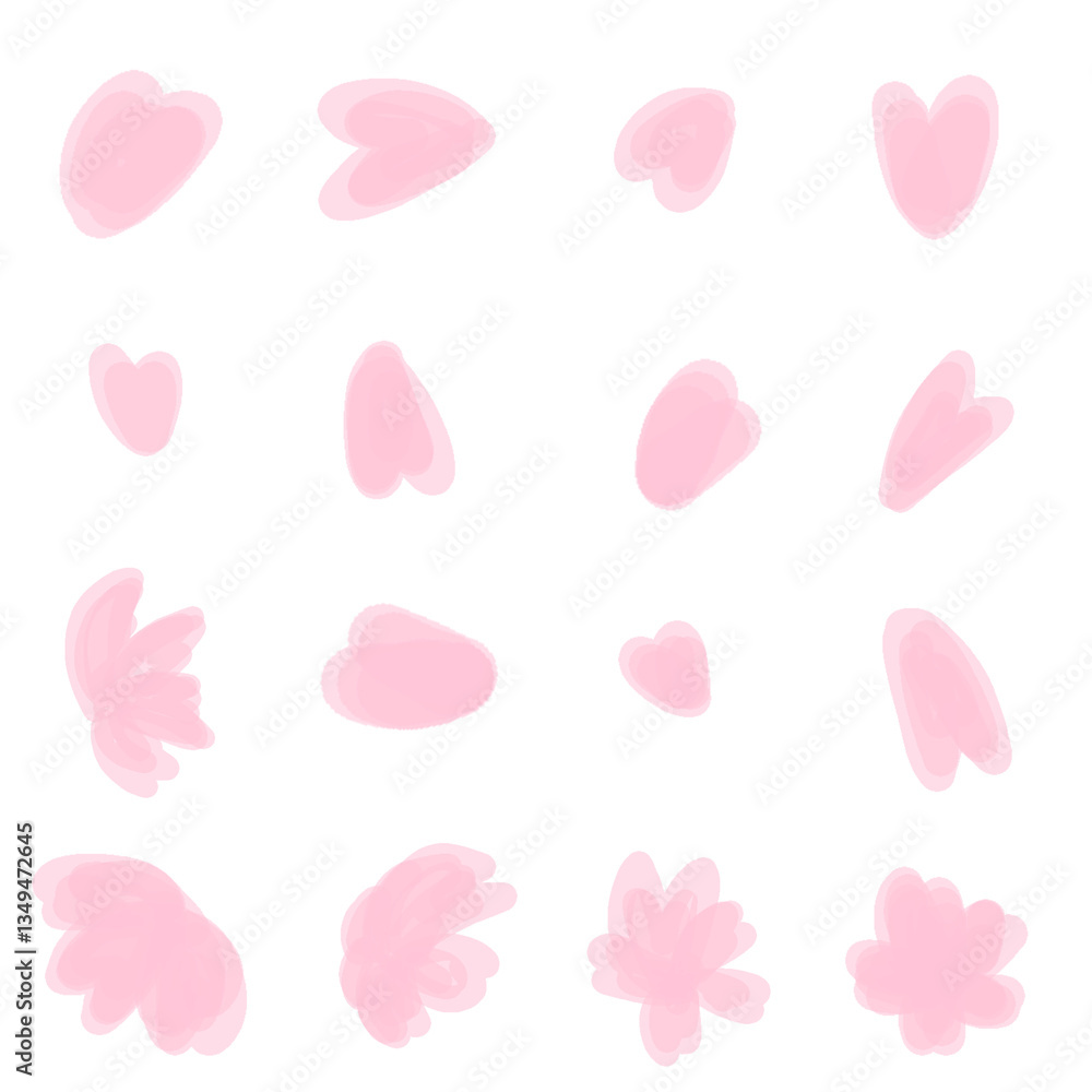 舞い散る桜の花びら、手書き風イラストセット。 舞い散る桜の花びら、手書き風イラストセット。