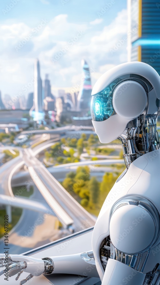 Robot Contemplates Futuristic Cityscape Robot Contemplates Futuristic Cityscape