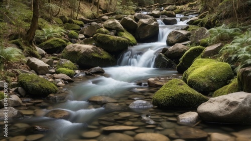 A close-up view of clear water flowing from a stone pipe into a shallow stream.