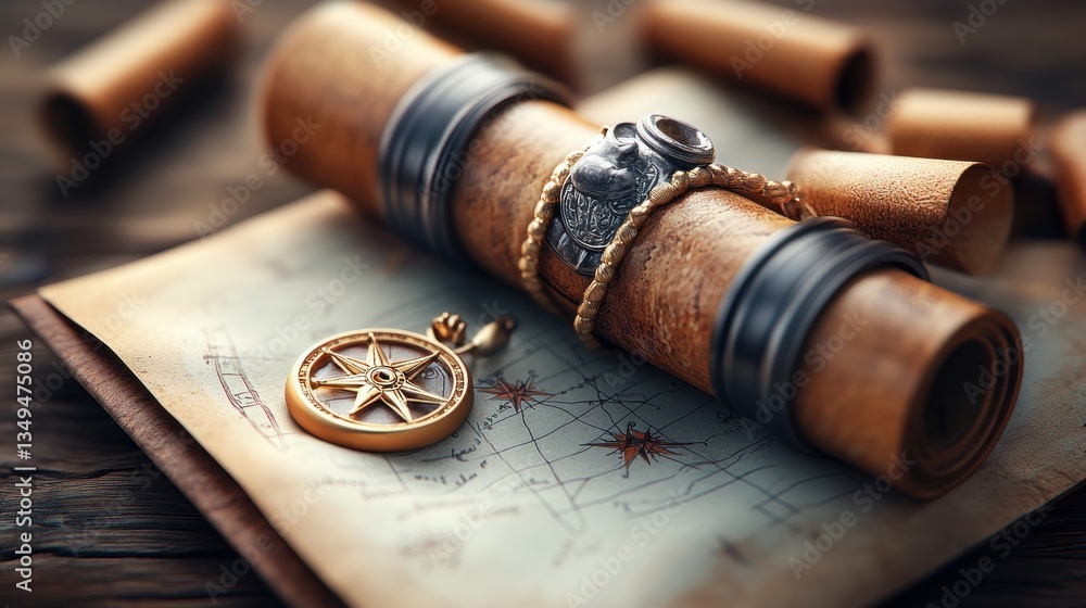 Ancient map, compass, and rolled scrolls. Treasure hunt concept Ancient map, compass, and rolled scrolls. Treasure hunt concept