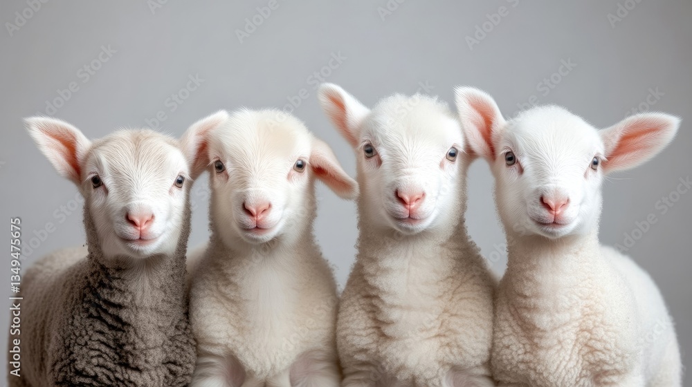 Fototapeta premium Four cute white lambs standing side by side in a studio setting against a clean grey background.