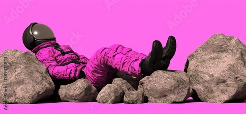 Pink astronaut relaxing on rocks
