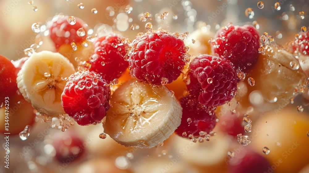 Berries and banana slices cascade through sparkling water, creating an invigorating burst of color and freshness Berries and banana slices cascade through sparkling water, creating an invigorating burst of color and freshness