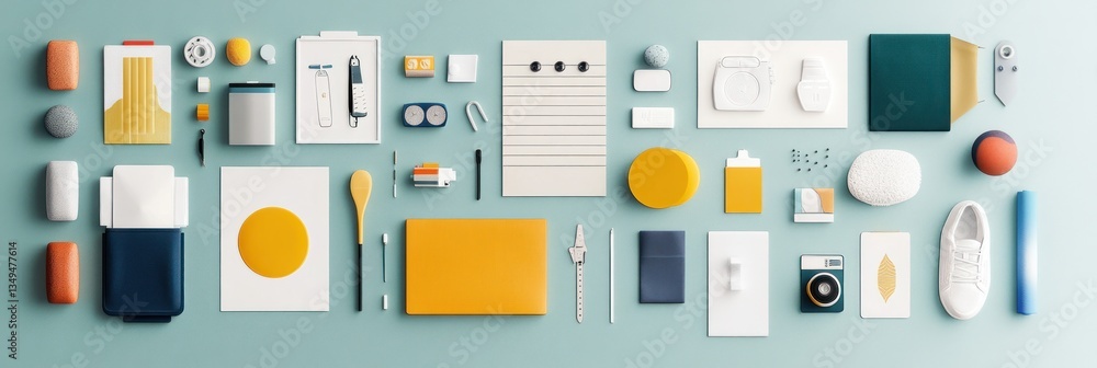 Flat lay of various stationery, personal care, and lifestyle items arranged on a light blue background Flat lay of various stationery, personal care, and lifestyle items arranged on a light blue background