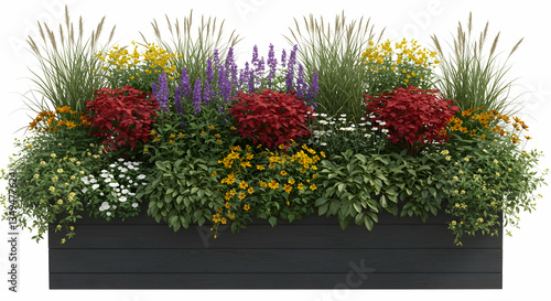 Colorful Flower Planter with Ornamental Grasses and Mixed Blooms Displayed