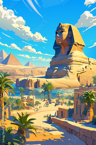 Flat vector illustration of view of the pyramids and the sphinx. Vector EPS 10