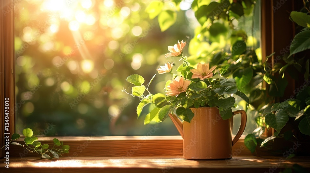 Sunlit flowers in a pot on a windowsill Sunlit flowers in a pot on a windowsill