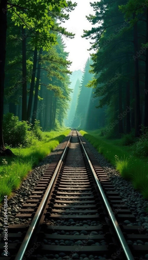 Obraz premium Long railway track disappears into the dense forest, forests, scenery