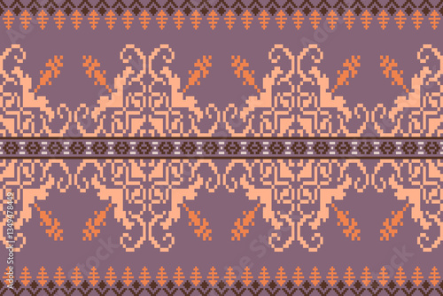 Ethnic pixel art background.Repeating geometric pattern design with floral.Design for texture,fabric,cloting,carpet,knitewar,curtains,wrapping,batik,scarf,vector,illustration