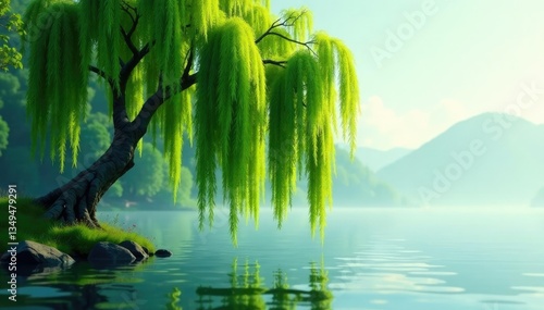 Long slender weeping willow branch drooping towards water, branchy, serene