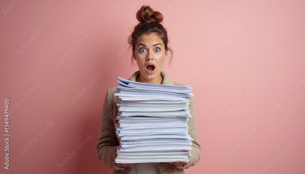 Surprised woman holds big stack paper documents. Overworked office employee overloaded with paperwork. Female accountant in stress. Business work concept with report, deadline. Frustrated Surprised woman holds big stack paper documents. Overworked office employee overloaded with paperwork. Female accountant in stress. Business work concept with report, deadline. Frustrated