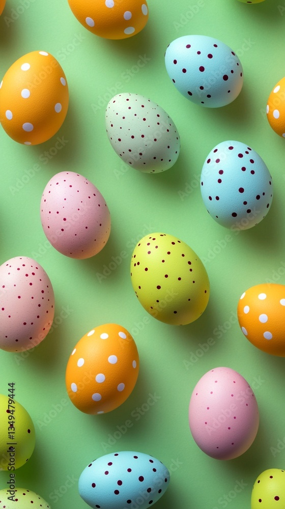 Pastel and vibrant Easter eggs with polka dot patterns scattered artfully on a soft green background, creating a playful and festive spring holiday composition Pastel and vibrant Easter eggs with polka dot patterns scattered artfully on a soft green background, creating a playful and festive spring holiday composition