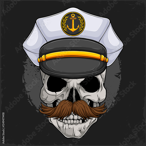 Hand drawn human skull with mustache wearing a white admiral sailor hat with golden anchor emblem on front isolated on black background