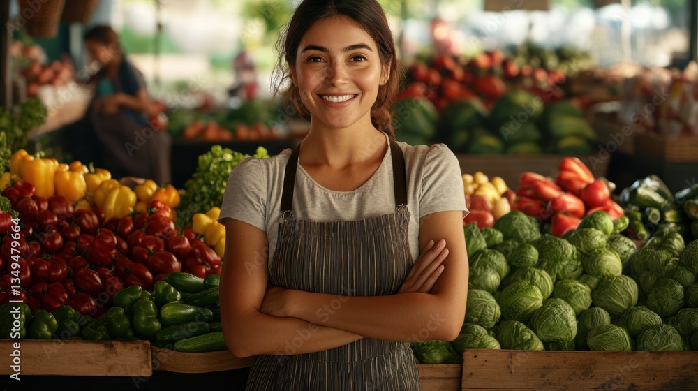 Smiling female grocer standing in a fresh vegetable market with organic produce and natural light Smiling female grocer standing in a fresh vegetable market with organic produce and natural light