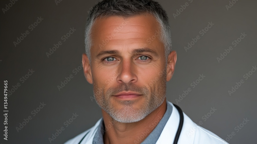 Close-up of a doctor with a serious expression. A mature male physician in a white coat, direct gaze Close-up of a doctor with a serious expression. A mature male physician in a white coat, direct gaze