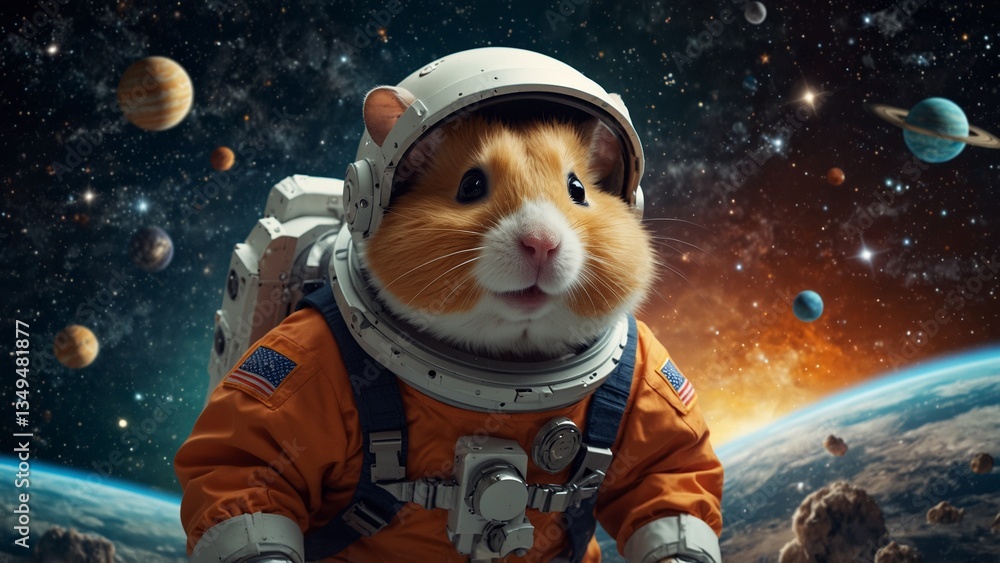 A whimsical illustration of a hamster dressed as an astronaut, floating in space with stars and planets in the background. A whimsical illustration of a hamster dressed as an astronaut, floating in space with stars and planets in the background.