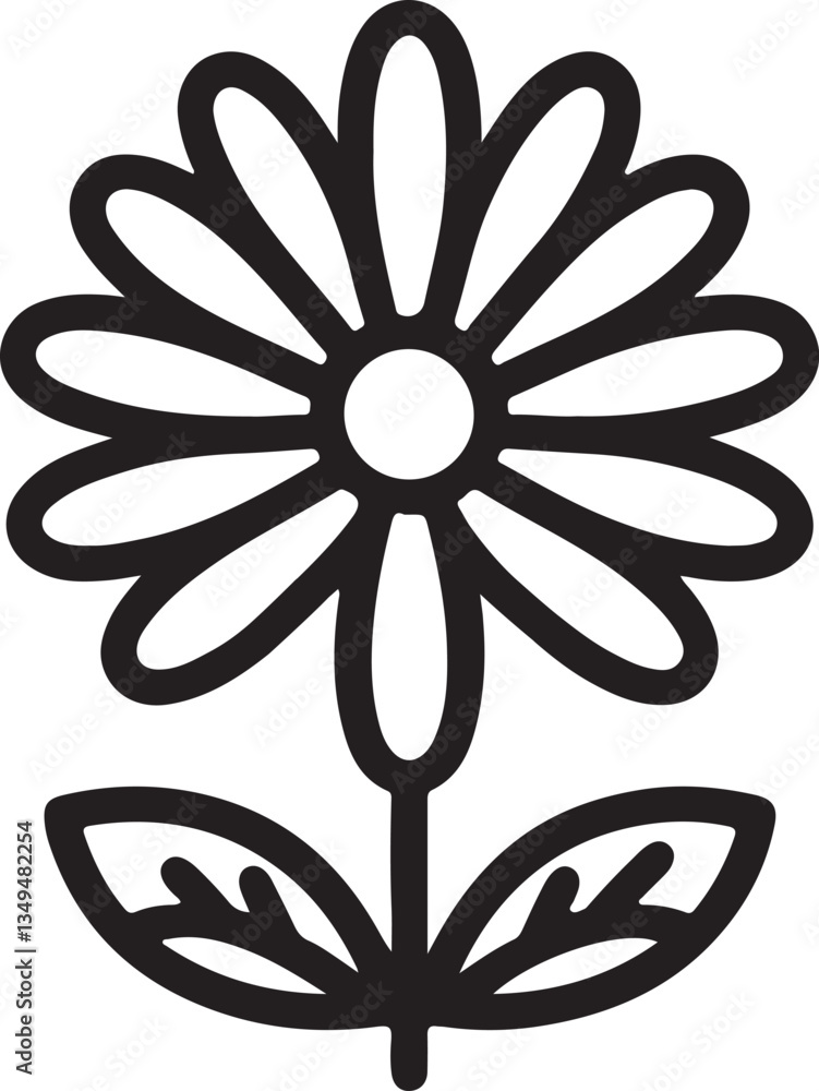 Flat vector illustration of a black and white daisy flower icon set against a white background Flat vector illustration of a black and white daisy flower icon set against a white background