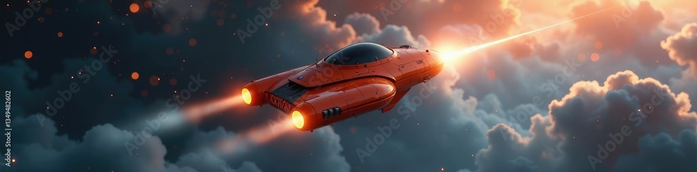 Orange spaceship glides through misty expanse of cosmos, infinite, boundless, feathery Orange spaceship glides through misty expanse of cosmos, infinite, boundless, feathery