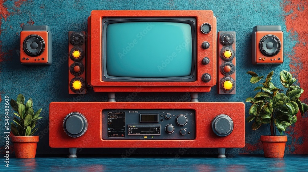 Fototapeta premium Retro-styled home entertainment system with orange components and plants