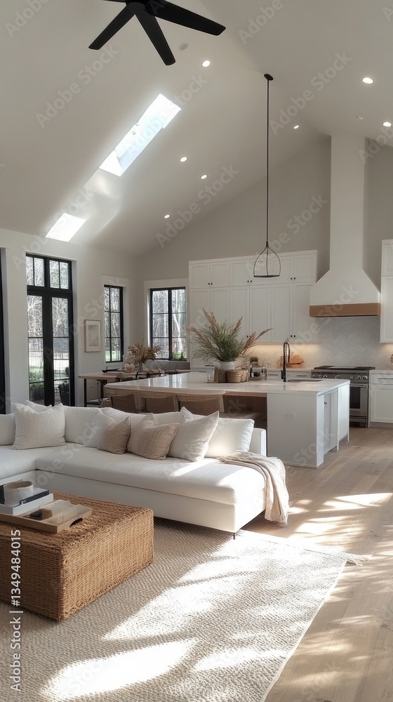 Filled with natural light, the open-concept living area invites comfort and relaxation with its soft furnishings, stylish decor, and modern kitchen. A serene ambiance enhances the inviting space Filled with natural light, the open-concept living area invites comfort and relaxation with its soft furnishings, stylish decor, and modern kitchen. A serene ambiance enhances the inviting space