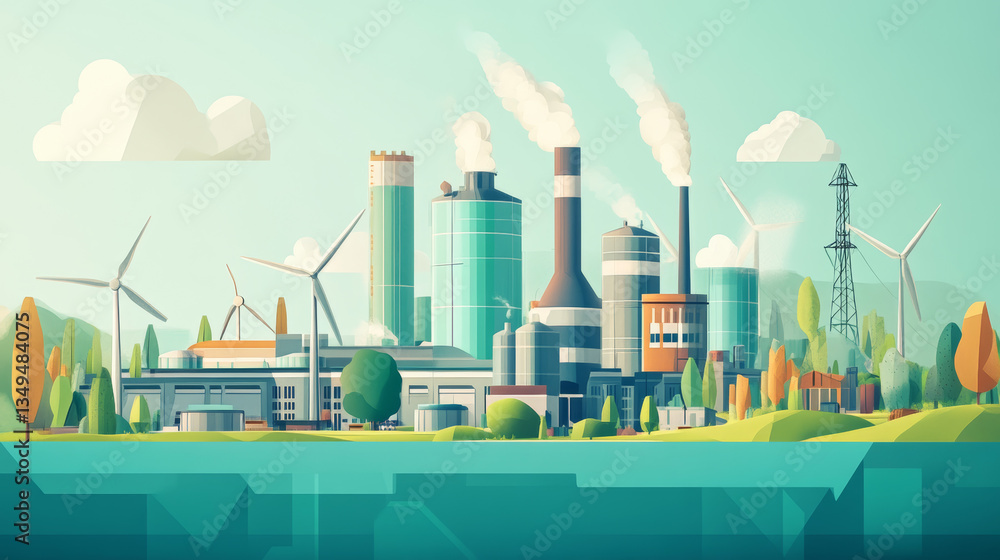 A collection of sustainability-themed illustrations showcasing eco-friendly industrial factories, renewable energy sources, and green electricity. A collection of sustainability-themed illustrations showcasing eco-friendly industrial factories, renewable energy sources, and green electricity.