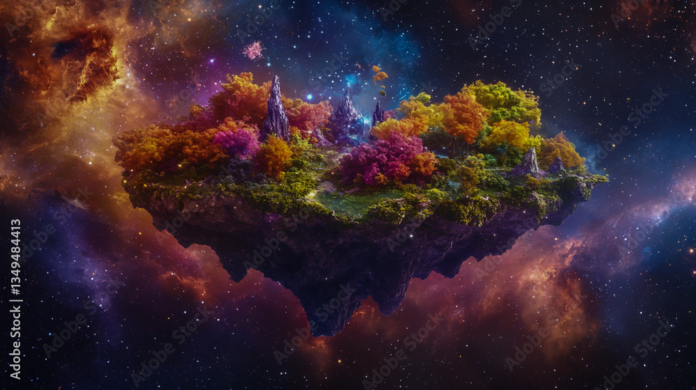Obraz premium A digital art depiction of a floating island in space, with vibrant colors, intricate details, and surreal elements, trending on ArtStation .