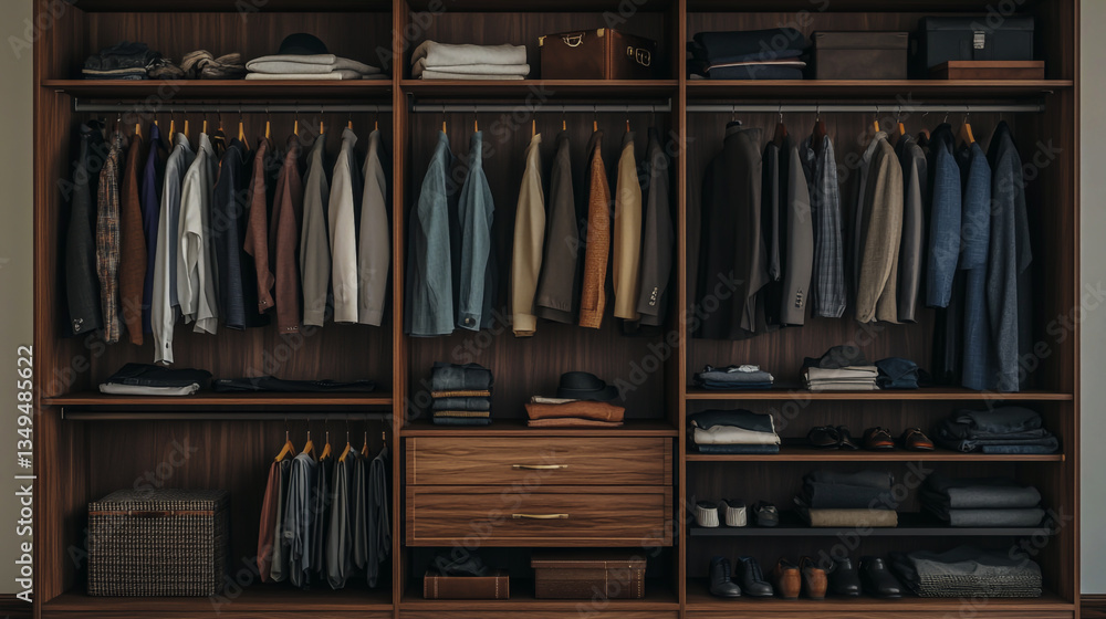 A well-organized wooden wardrobe with designated sections for hanging clothes and folded items, featuring an assortment of shirts, jackets, trousers, and footwear, offering a tidy and practical st A well-organized wooden wardrobe with designated sections for hanging clothes and folded items, featuring an assortment of shirts, jackets, trousers, and footwear, offering a tidy and practical st