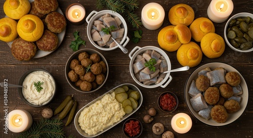 Preparing Festive Swedish Smorgasbord with Herring, Meatballs, and Saffron Buns photo