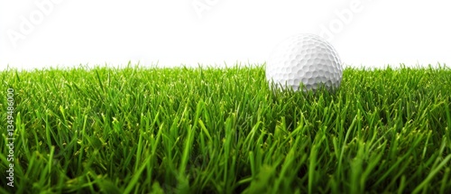 A golf ball rests on thick green grass field perfectly