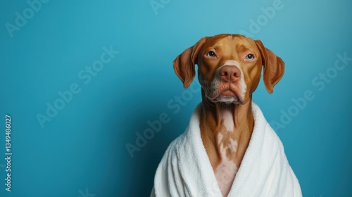 Wallpaper Mural Dog Wrapped in a White Towel Sitting on Blue Background with Copyspace Torontodigital.ca