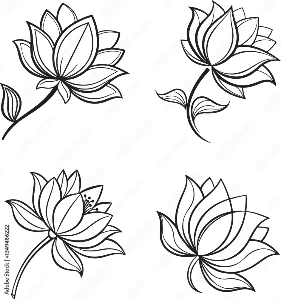 Vector illustration of four black and white lotus flowers accompanied by leaves, forming a logo icon set Vector illustration of four black and white lotus flowers accompanied by leaves, forming a logo icon set