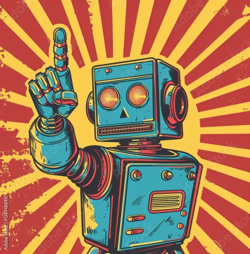 Vector illustration of a quirky, retro robot gesturing upward against a vibrant, sunset-hued background in a vintage comic book style.